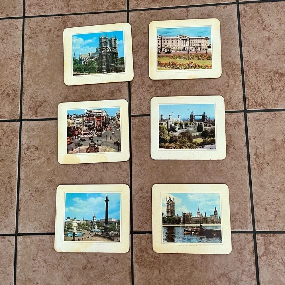 Vintage Coaster Set with Scenic Prints 6.5/7 Inch